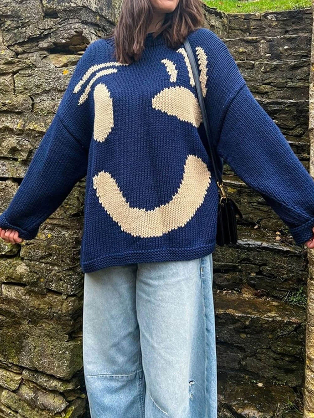 Damen Oversize Strick Pullover Mit Print | Lang