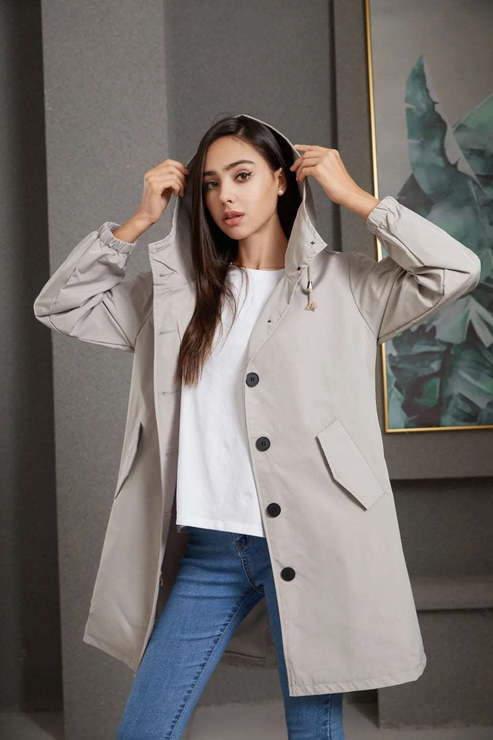 Damen Regenmantel Mit Kapuze Und Knöpfen | Übergangsjacke