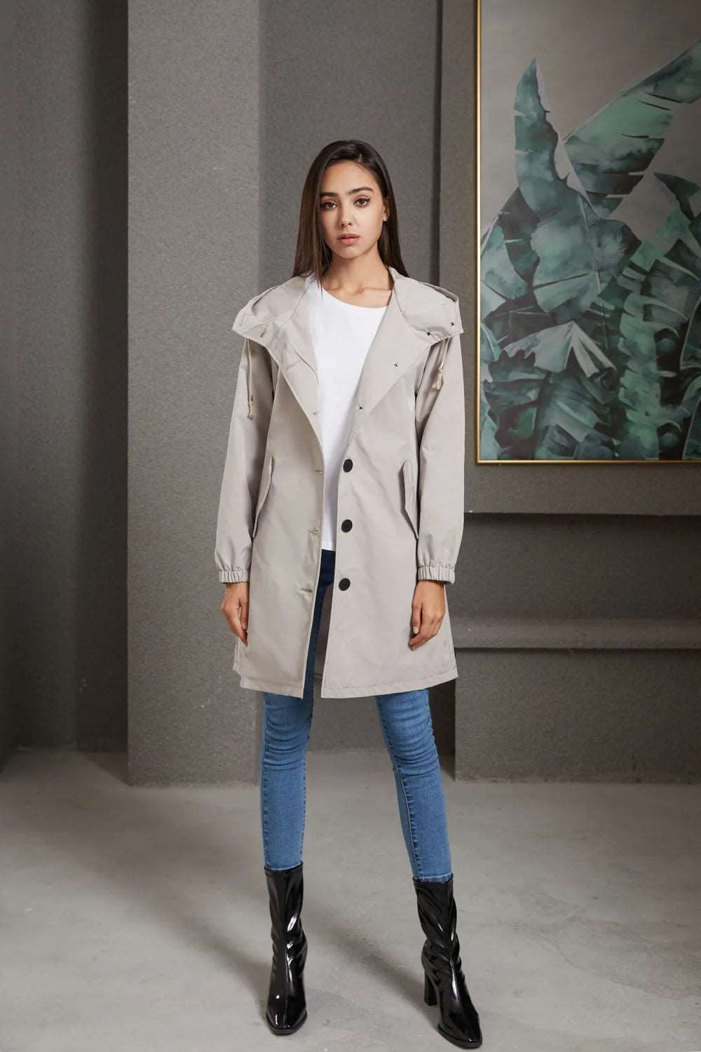 Damen Regenmantel Mit Kapuze Und Knöpfen | Übergangsjacke
