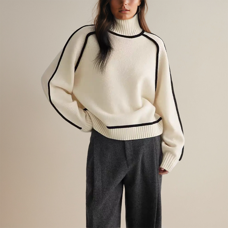 Damen Rollkragen Strickpullover Mit Kontrastnähten | Warm