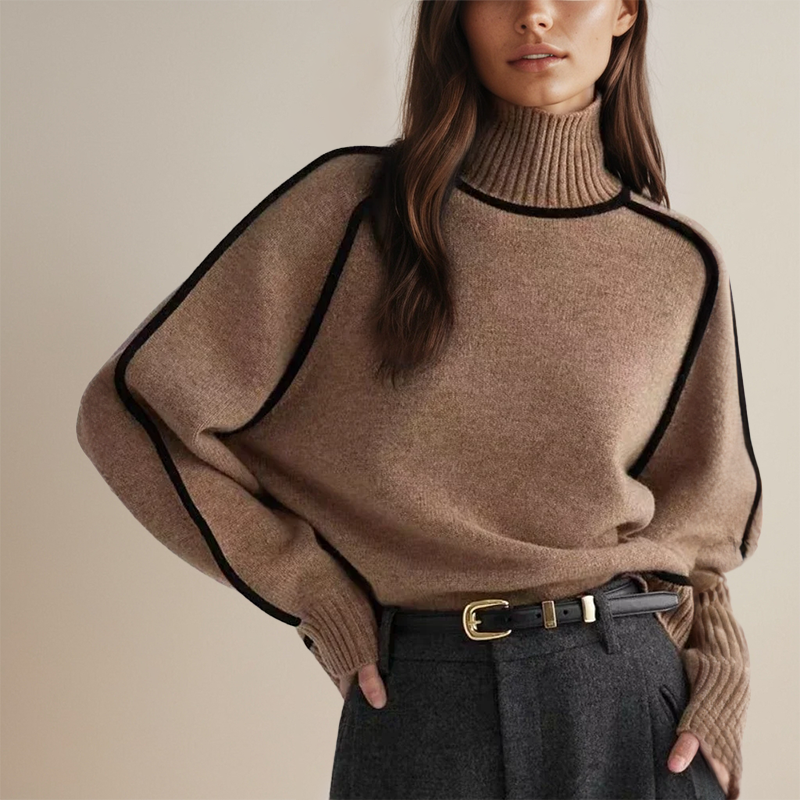 Damen Rollkragen Strickpullover Mit Kontrastnähten | Warm