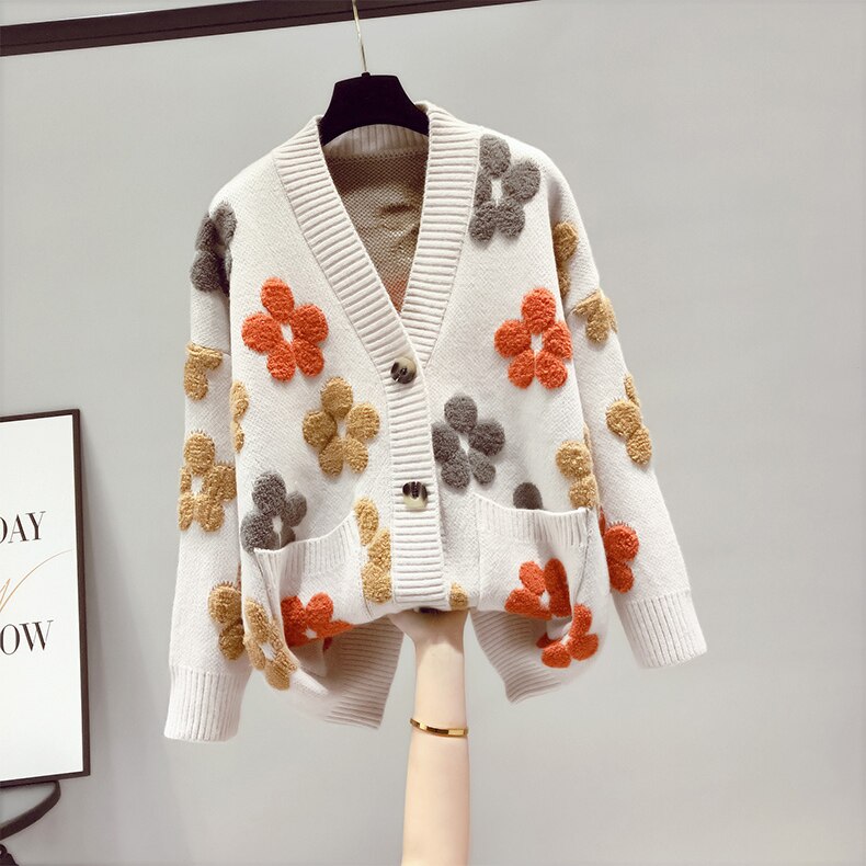 Damen Strickjacke Mit Blumenmuster | Warm