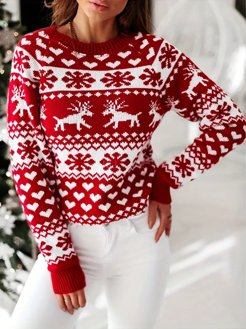 Damen Weihnachten Pullover Mit Rentier Und Herzmuster | Strick