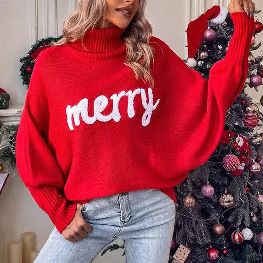 Damen Weihnachten Pullover Mit Schriftzug Merry | Rollkragen