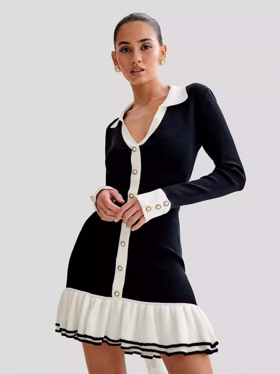 Damen Winterkleid Mit Kragen Und Rüschen Saum | Langarm