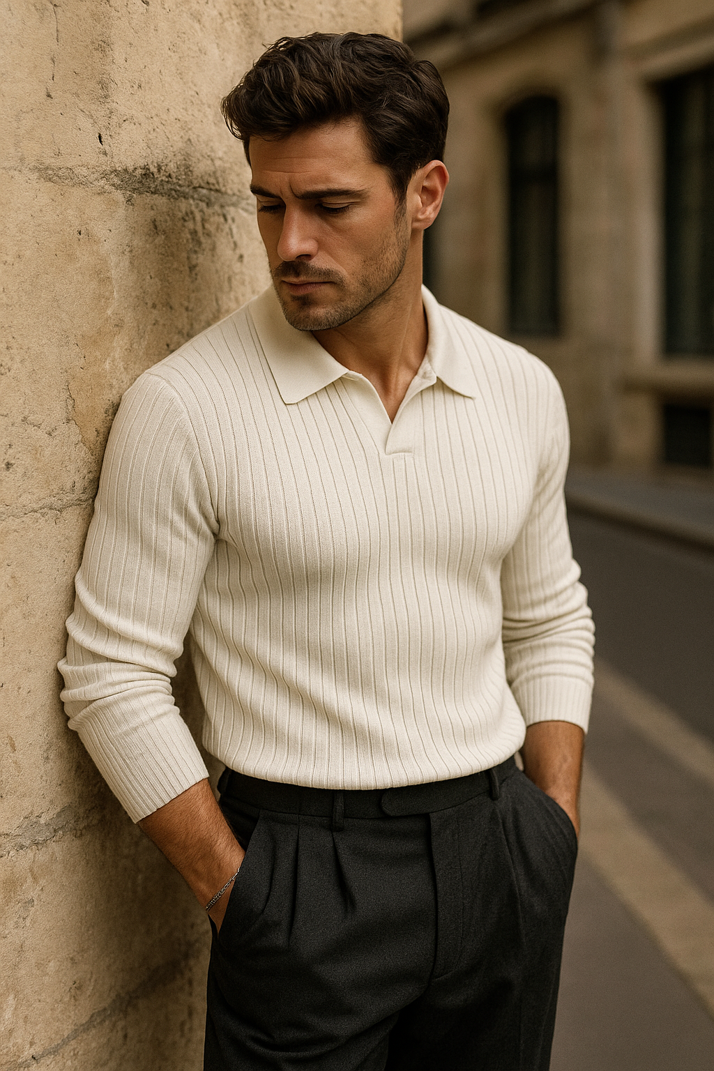 Friedrich - Herren Strickpullover mit Polo-Kragen und Rippstruktur
