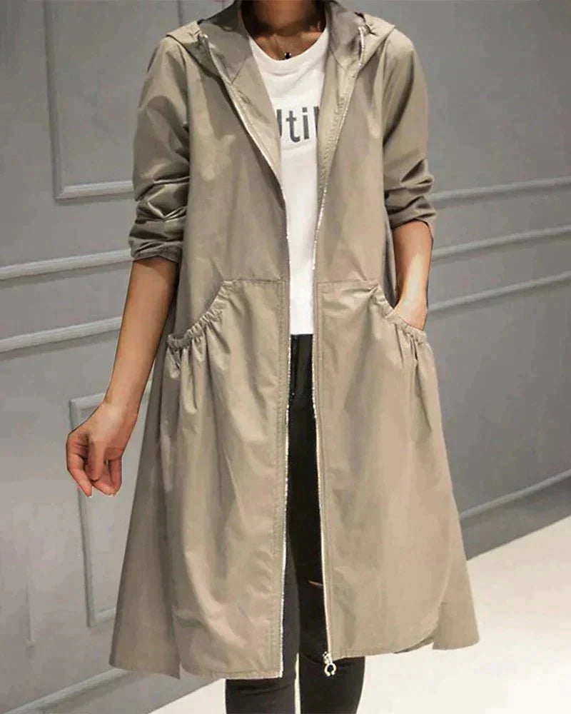 Leichte Regenjacke Damen Trenchcoat Mit Kapuze | Lang