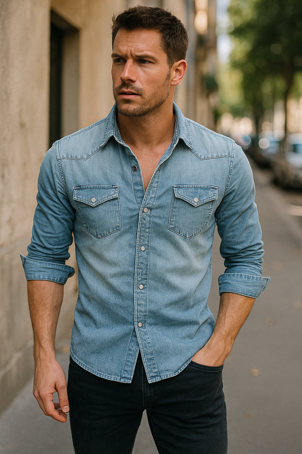John – Slim-Fit Jeanshemd mit Druckknöpfen und Brusttaschen