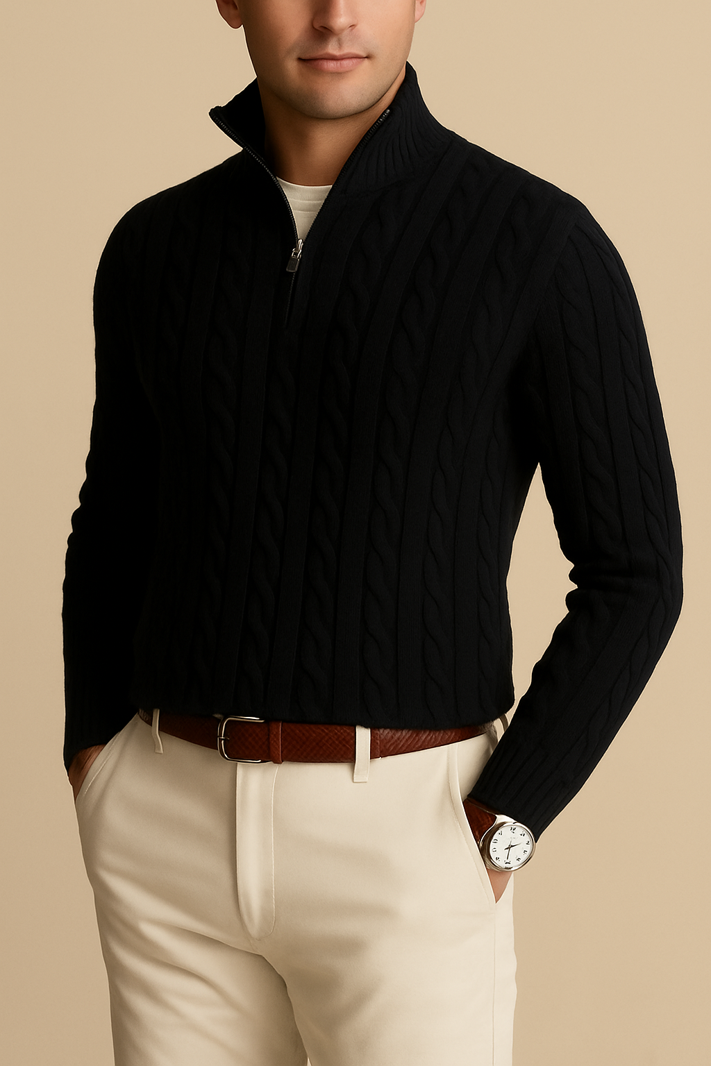 Leon - Strickpullover mit Zopfmuster und Reißverschluss, Herren Lässiger Look