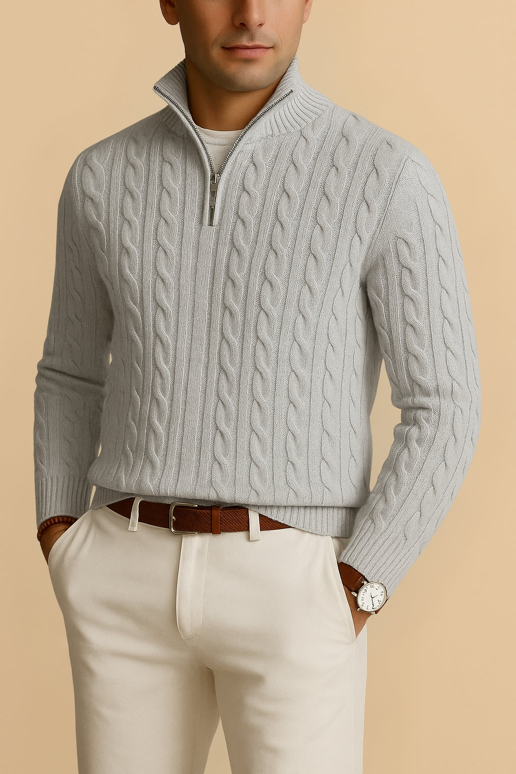 Leon - Strickpullover mit Zopfmuster und Reißverschluss, Herren Lässiger Look