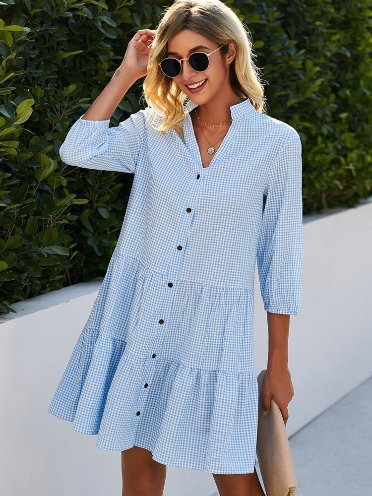 Lina - Karohemdkleid mit Knopfleiste und 3/4-Ärmeln, Casual Sommerkleid