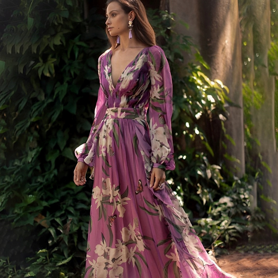 Luna | Damen Romantisch Blumenmuster Kleid | Langarm