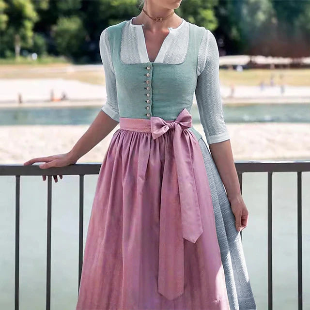 Oktoberfest Damen Dirndl Mit Schürze Und Knopfleiste | Midi