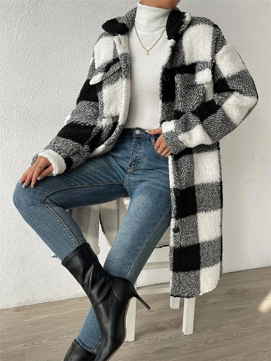 Winter Damen Fleecejacke Mit Karomuster & Taschen | Lang