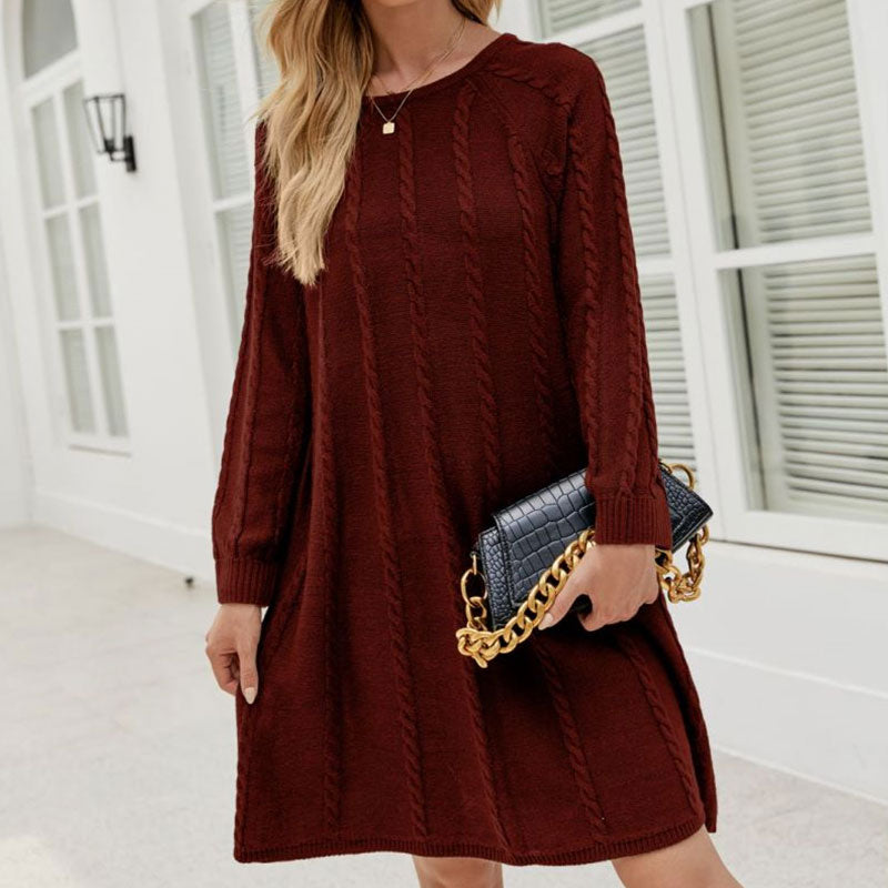 Winterkleider Damen Strick Mit Zopfmuster Und Langarm | Mini
